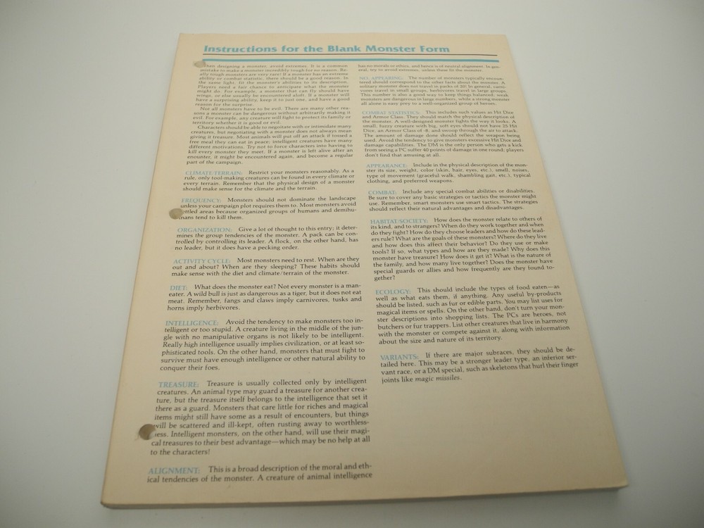 Dungeons & Dragons Dungeon Master Instructions 3 Hole Blank Monster Form Book