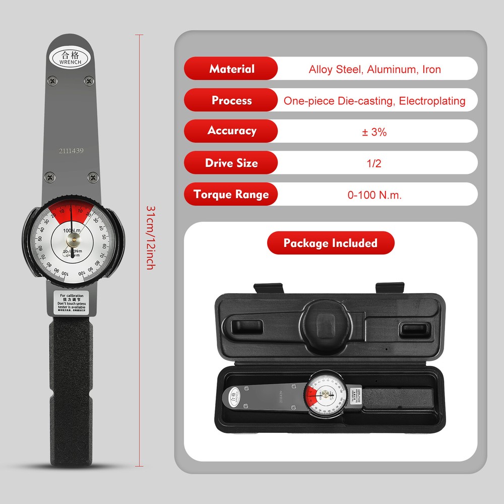 Dial Indicator Torque Wrench Indicating Torquemeter Torque Testing 0-100n.m New
