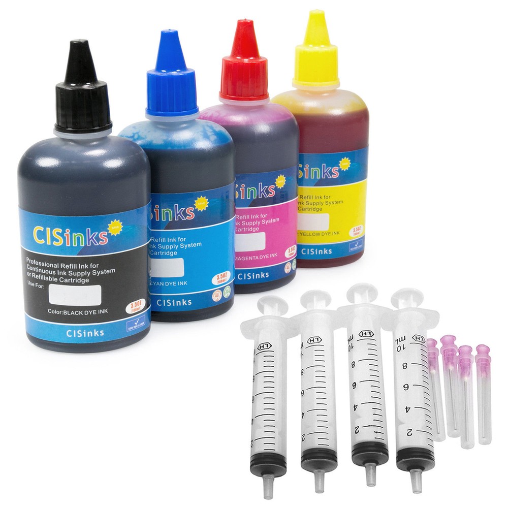 4 Pack Compatible Refill Bulk Ink w Syringes alternative for Printers CISS