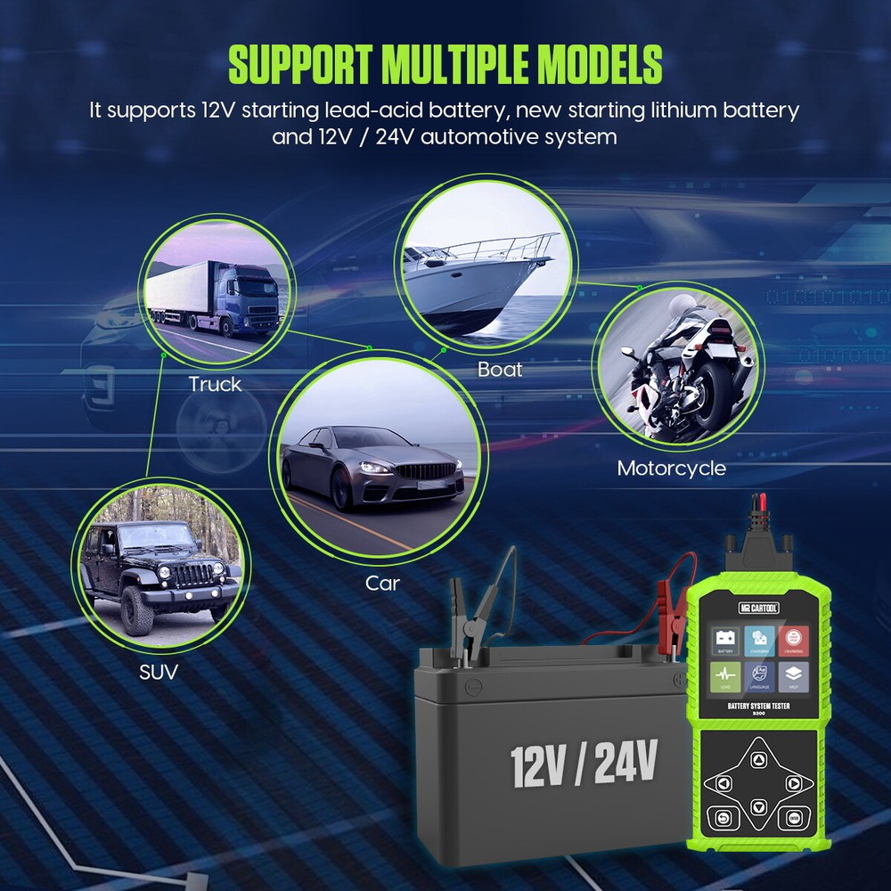 Car Battery Tester 12/24V Load Tester Charging System Analyzer Color LCD Display