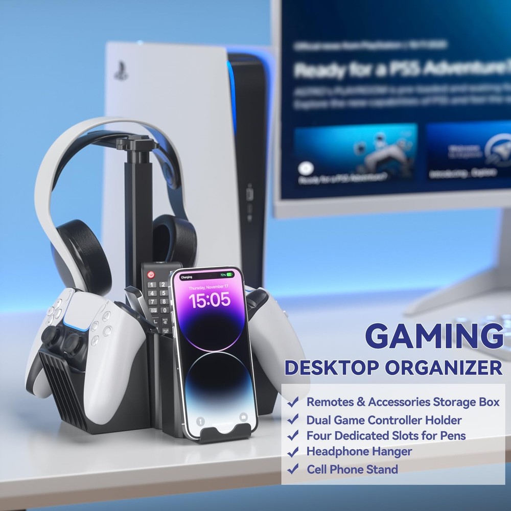 Dual Controller Holder with Headphone Stand - Multi-Functional Desk Storage Box