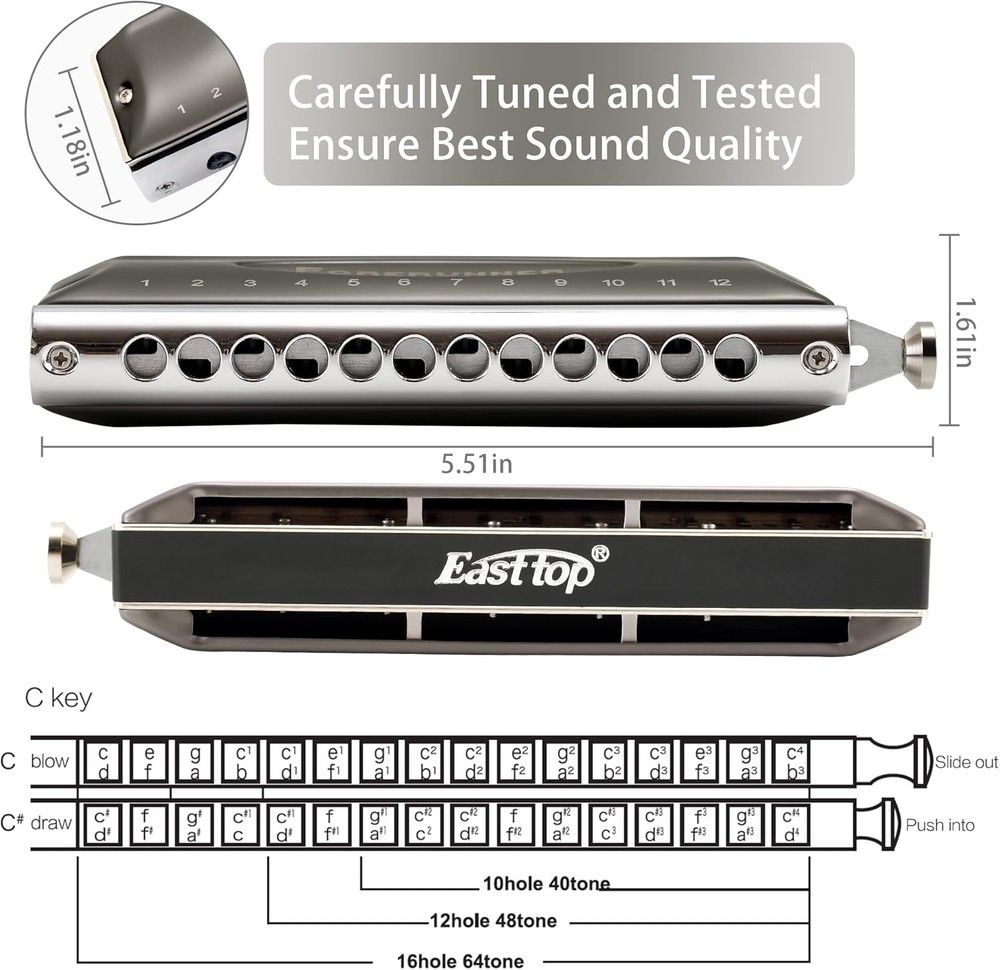 Rich Sound Forerunner Chromatic Harmonica in C Key - Ideal for Beginners & Pros