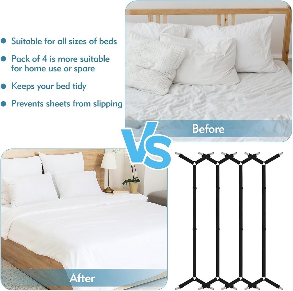 Bed Sheet Straps, 4 Pcs Adjustable Bed Sheet Holder Straps, Black Bed Sheet Clip