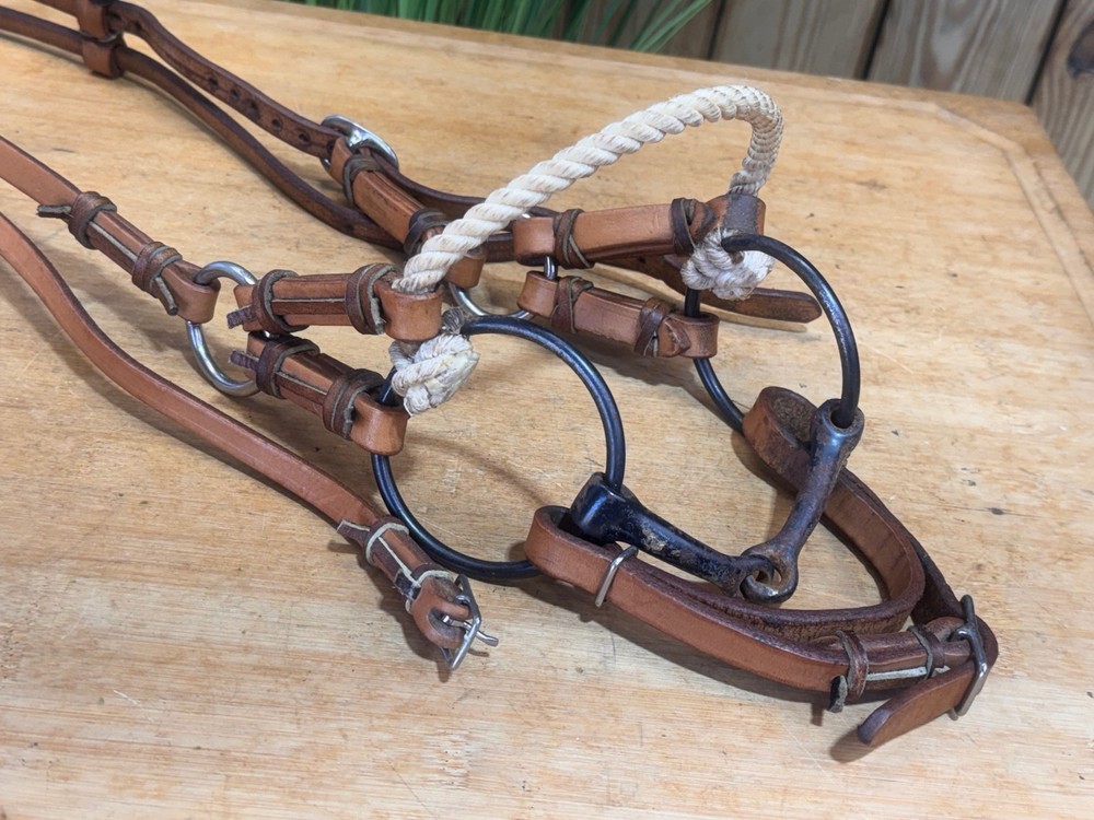 TORY Leather Rope Nose SidePull Western Training Headstall w Snaffle Bit