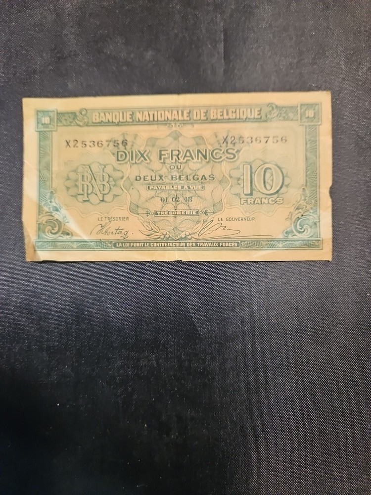 1943 Belgium  10 francs, circulated banknote