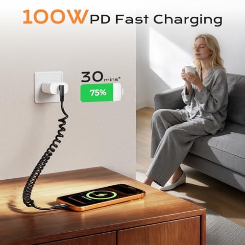 JavicTech Coiled USB C Cable Right Angle 1ft, 20Gbps 3.2 Gen 2 Black