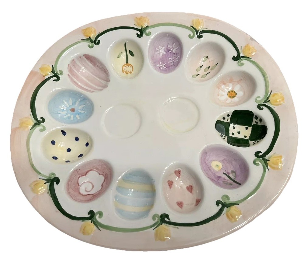 Easter Deviled Egg Floral Ceramic Plate Hand Painted Heavy High End Decor