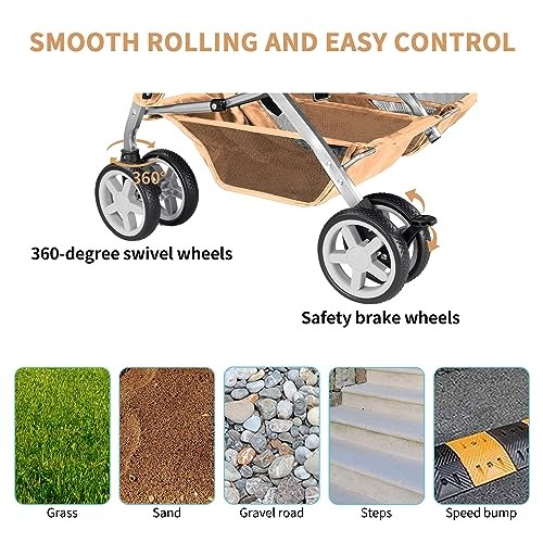 Double Pet Stroller, Foldable Stroller for 2 Dogs & Cats, Two-Seater Beige