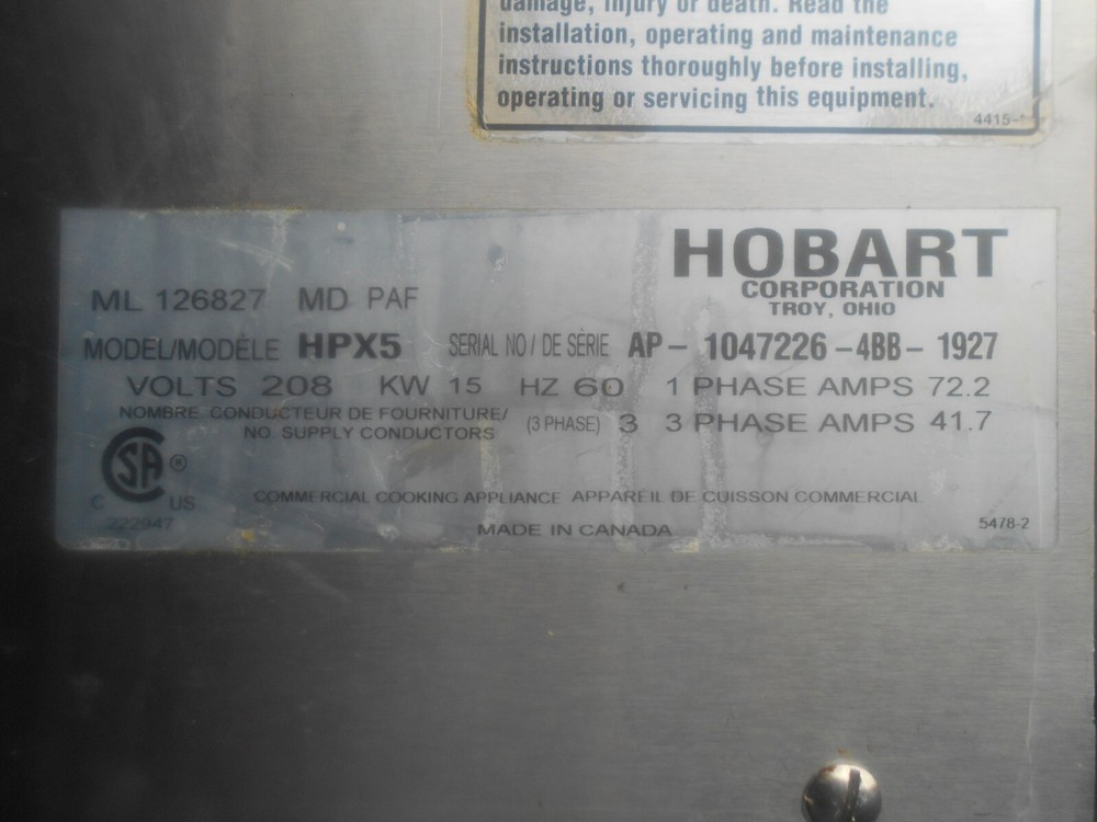 HOBART HPX5 STEAM OVEN TOP