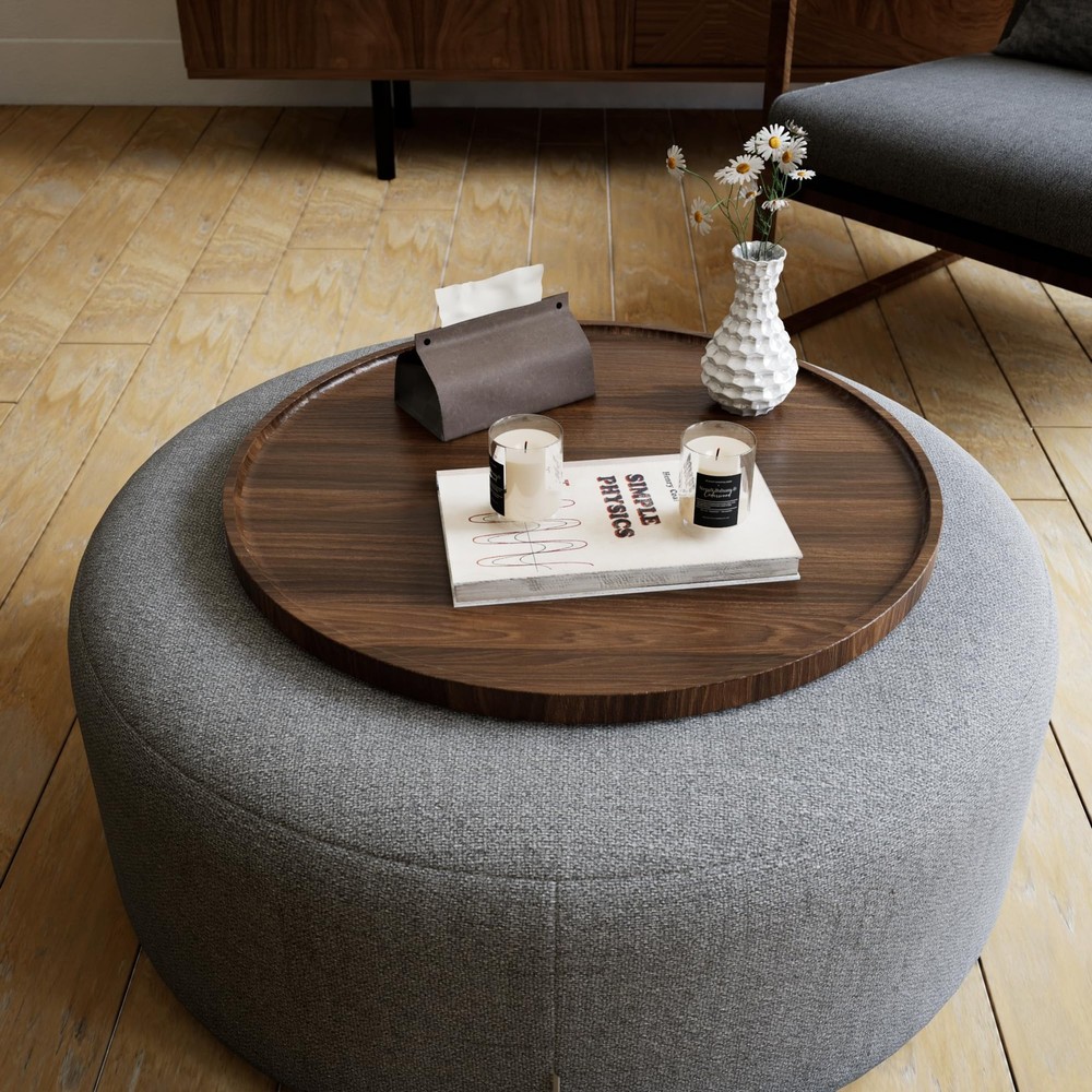 Hanobe 18" Round Wood Ottoman Serving Tray - Walnut Pattern