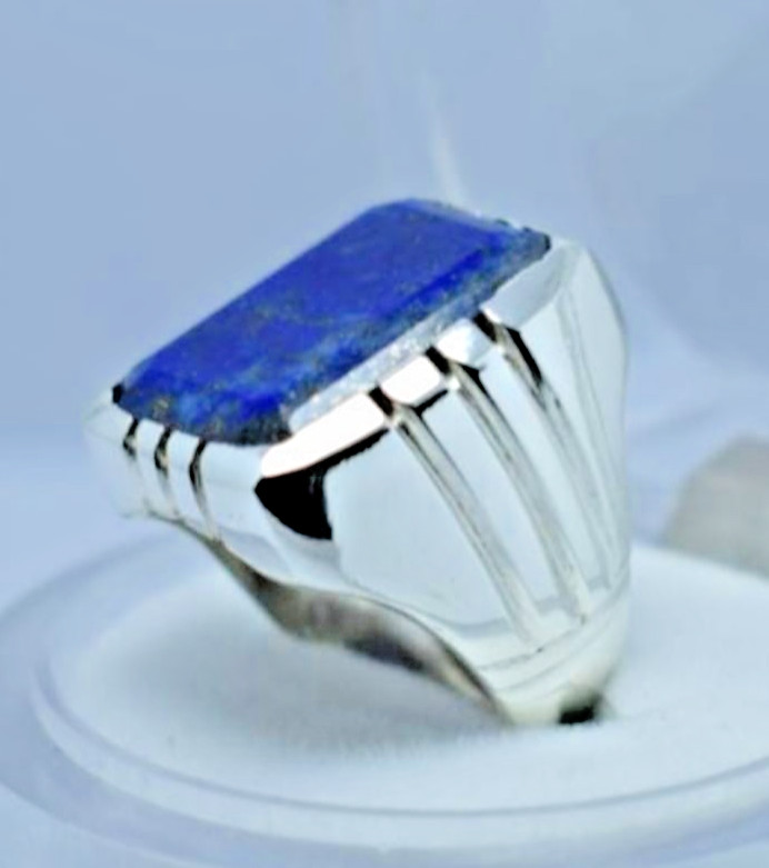 Men's Vintage Lapis Lazuli Ring | Bold Rectangular Blue Gemstone | Sterling Silv
