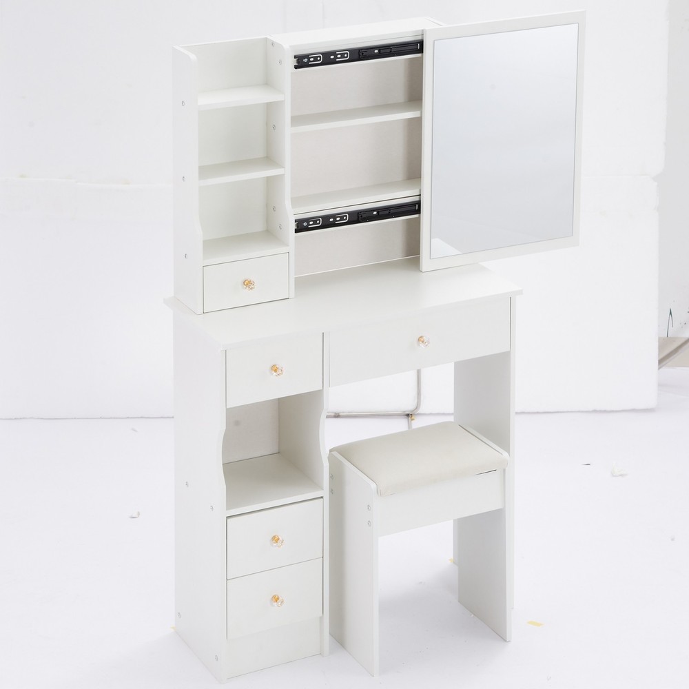 29.2" Small Space Left Drawer Desktop Vanity Table + Cushioned Stool, Extra Larg