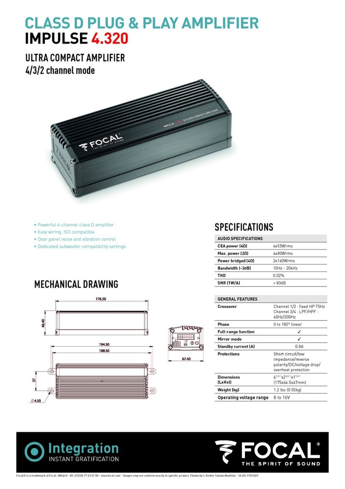Focal Impulse 4.320 - 4 Channel Compact Amplifier 4 x 55 Watts RMS Class D