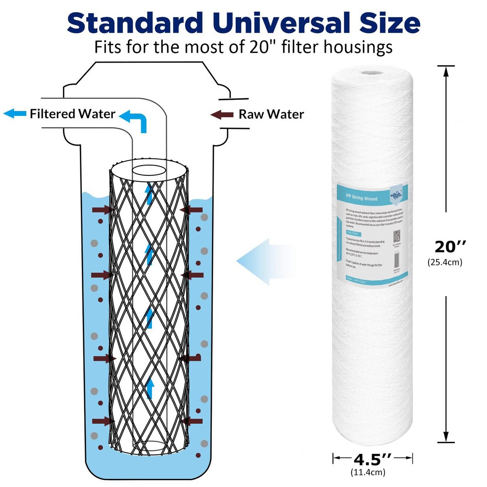 2Pack Whole House Water Filter Housing System &4PCS 20" x4.5" PP String Sediment