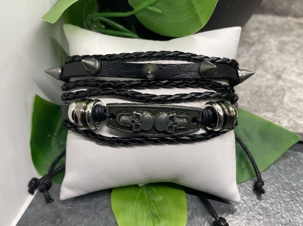 2 PC Leather Bracelet  Stackable Adjustable Tie Free Ship Skull B3284