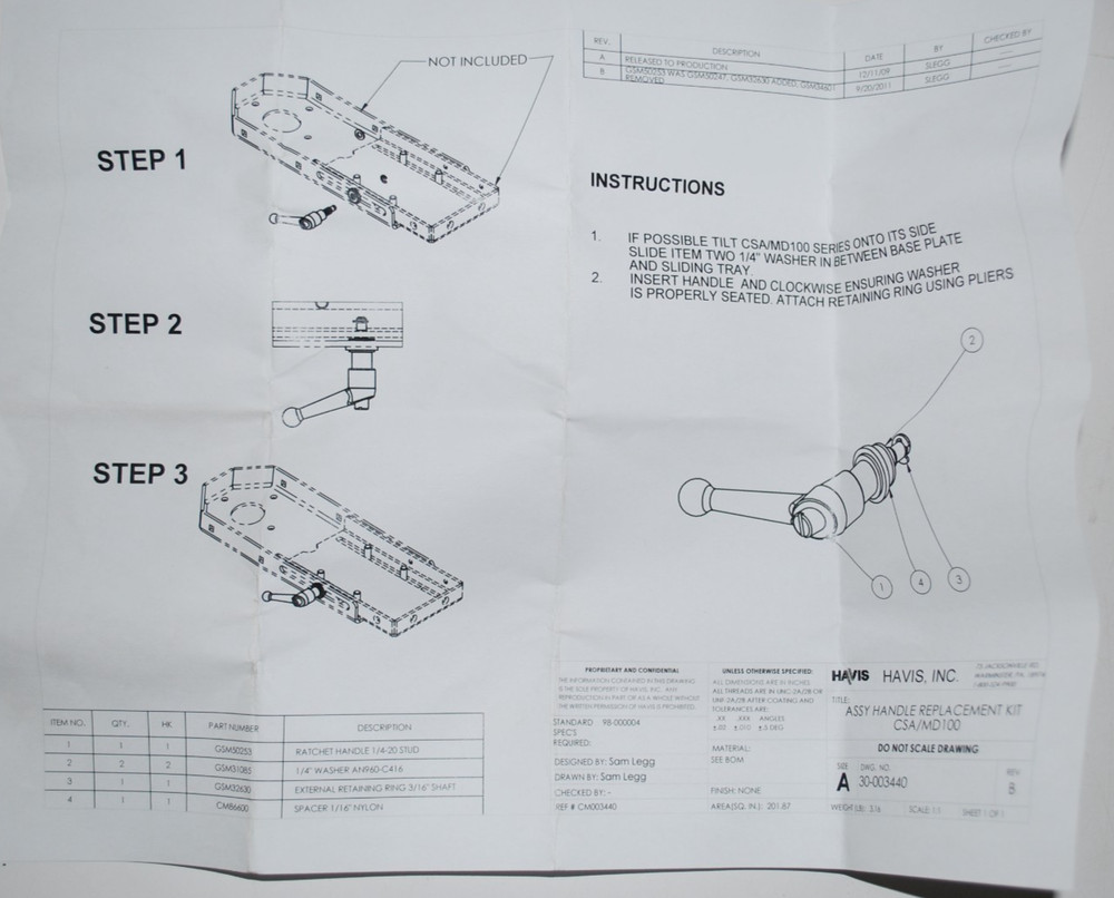 Havis Assembly Handle Replacement Kit, CSA/MD100, CM003440