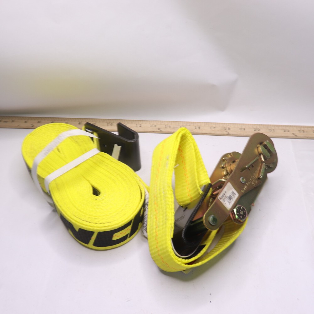 Ancra Ratchet Tie Down Strap Yellow Polyester w/ Flat Hooks & Short/Wide Handle
