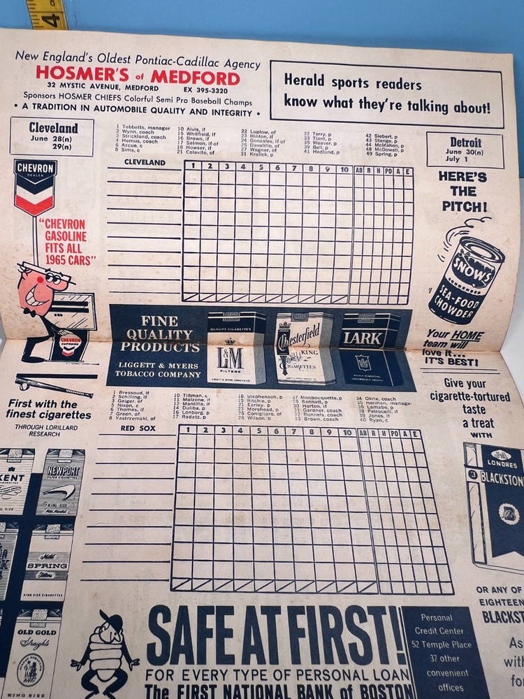 1965 Boston Red Sox Baseball Program v Indians Unscored Nice!