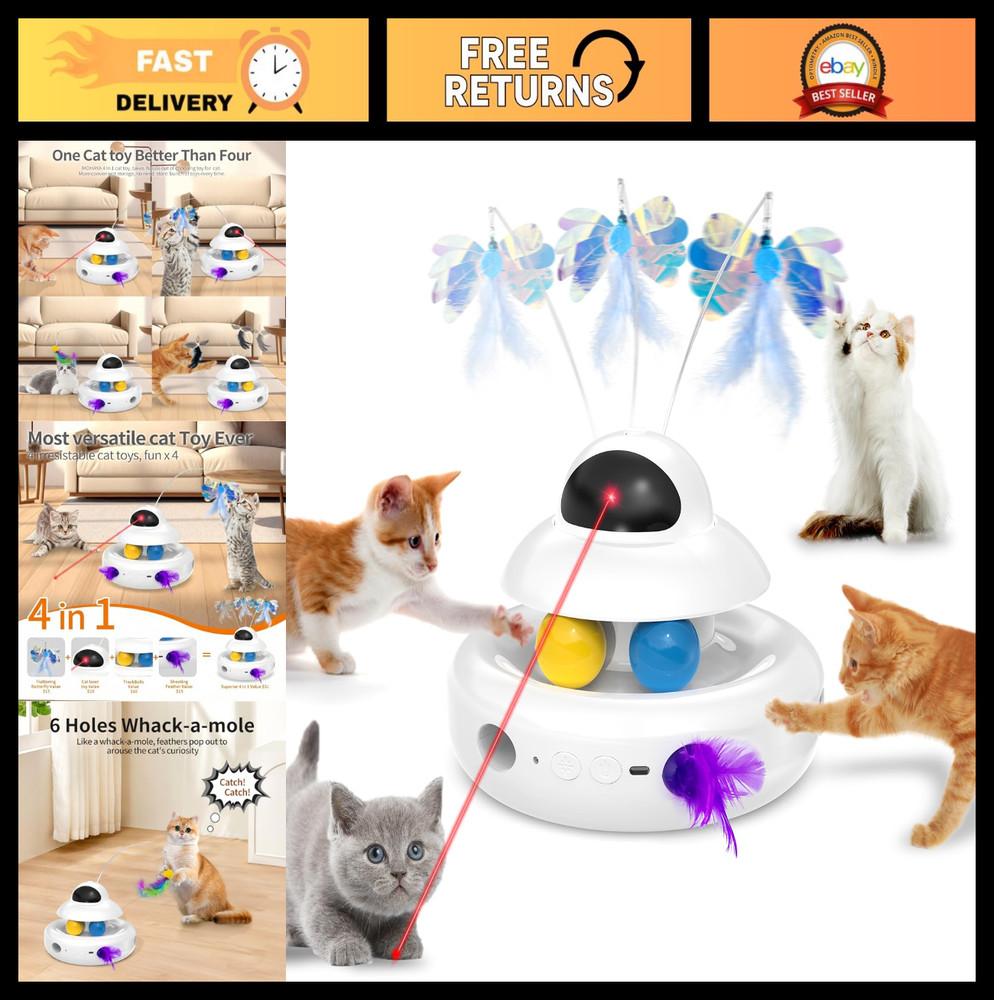 4-in-1 Interactive Cat Toy - Automatic Laser, Fluttering Butterfly & Moving Feat