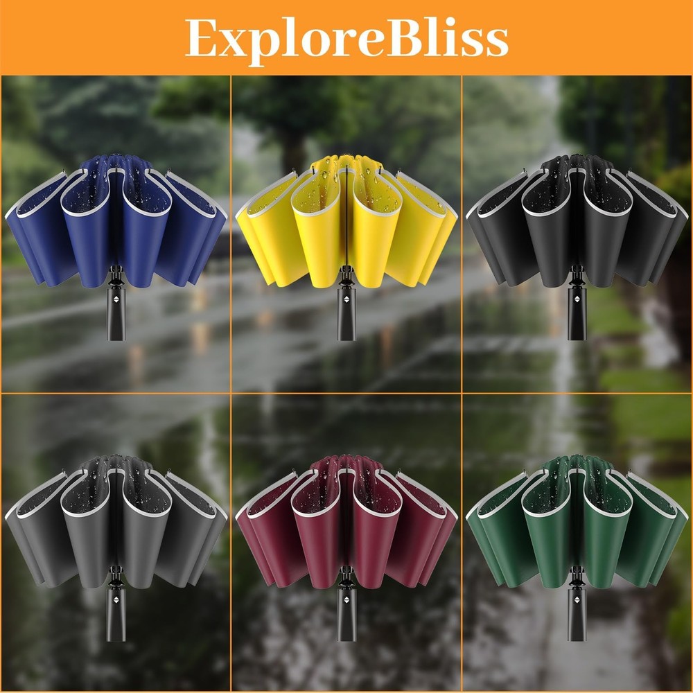 Inverted Automatic Travel Umbrella with Reflective Strip, Windproof & Compact...