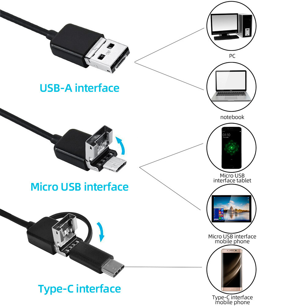 2M 6LED USB Snake Endoscope Borescope HD Inspection Camera For Android Type C