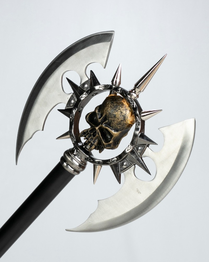 25” Double Bladed Spiked Skull Battle Axe + Wood Display Plaque... Solid, Sharp!