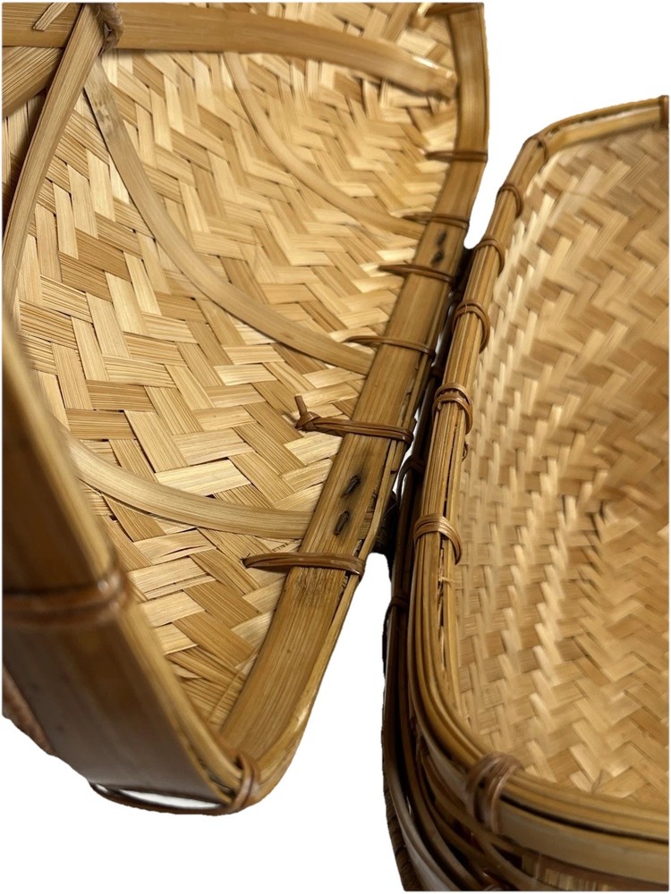 Lidded Herringbone Woven Basket Storage Trunk Split Bamboo Rattan Cane