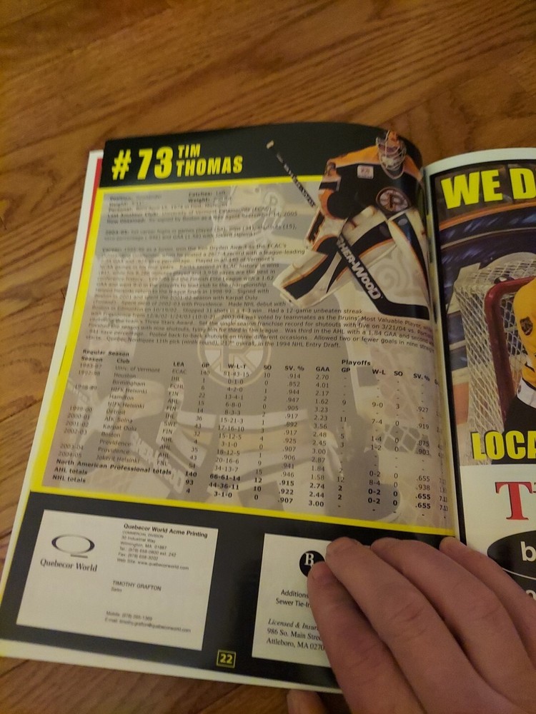 Providence Bruins 2005-2006 Official Program AHL Tim Thomas