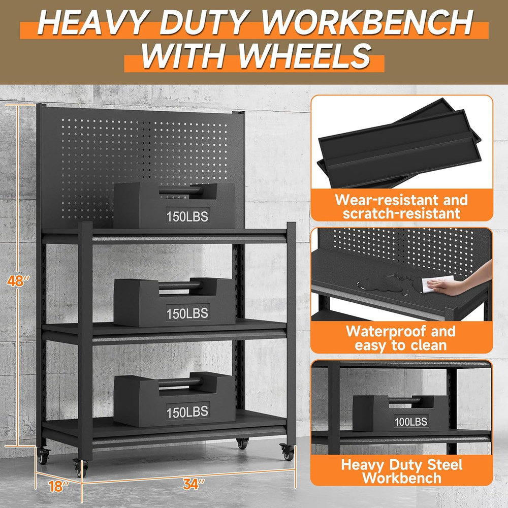 Workbench with Pegboard, Adjustable Heavy Duty Work Table with Wheels, Heavy Dut
