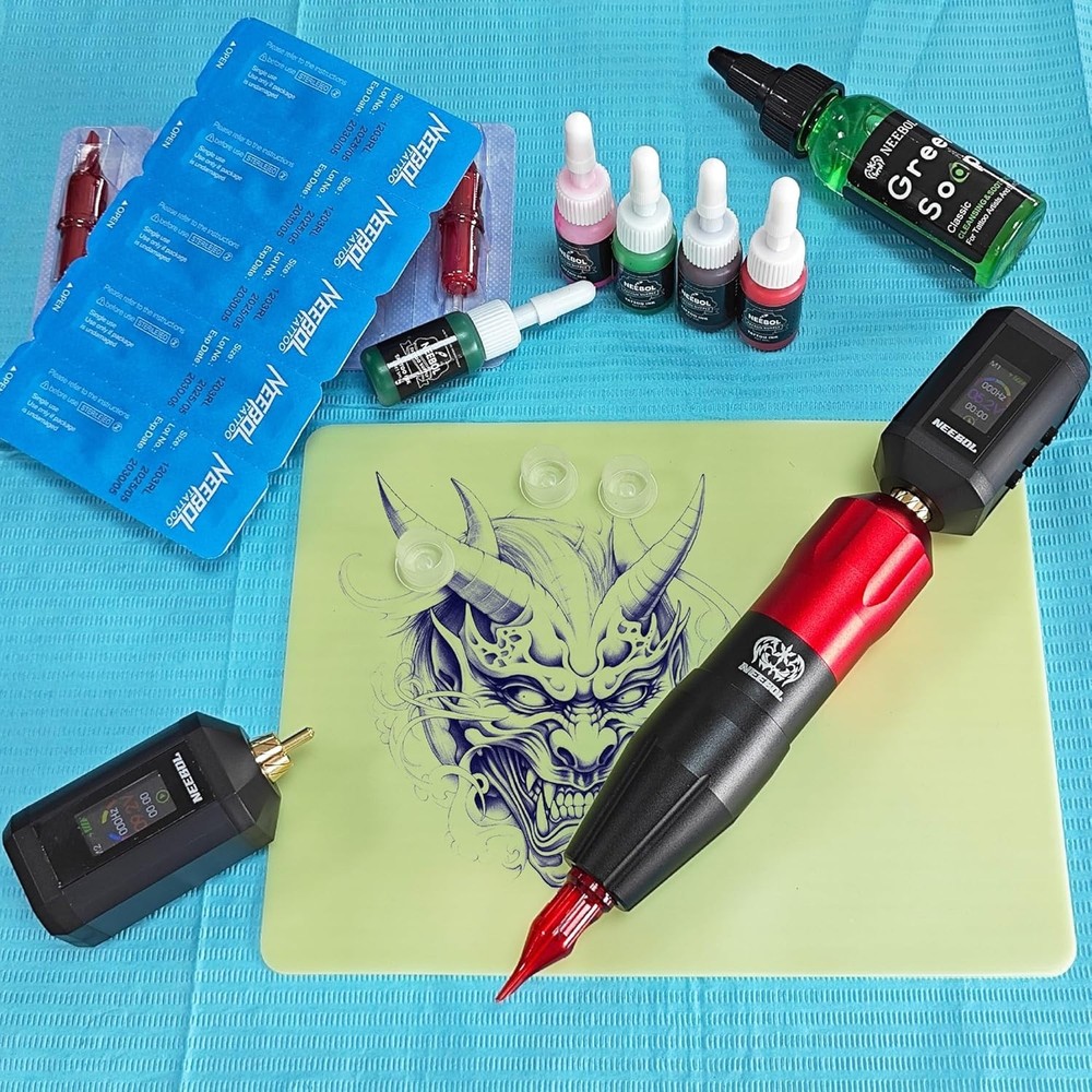 Complete Wireless Tattoo Machine Set with 20 Needles & 10 Inks - Gold Edition
