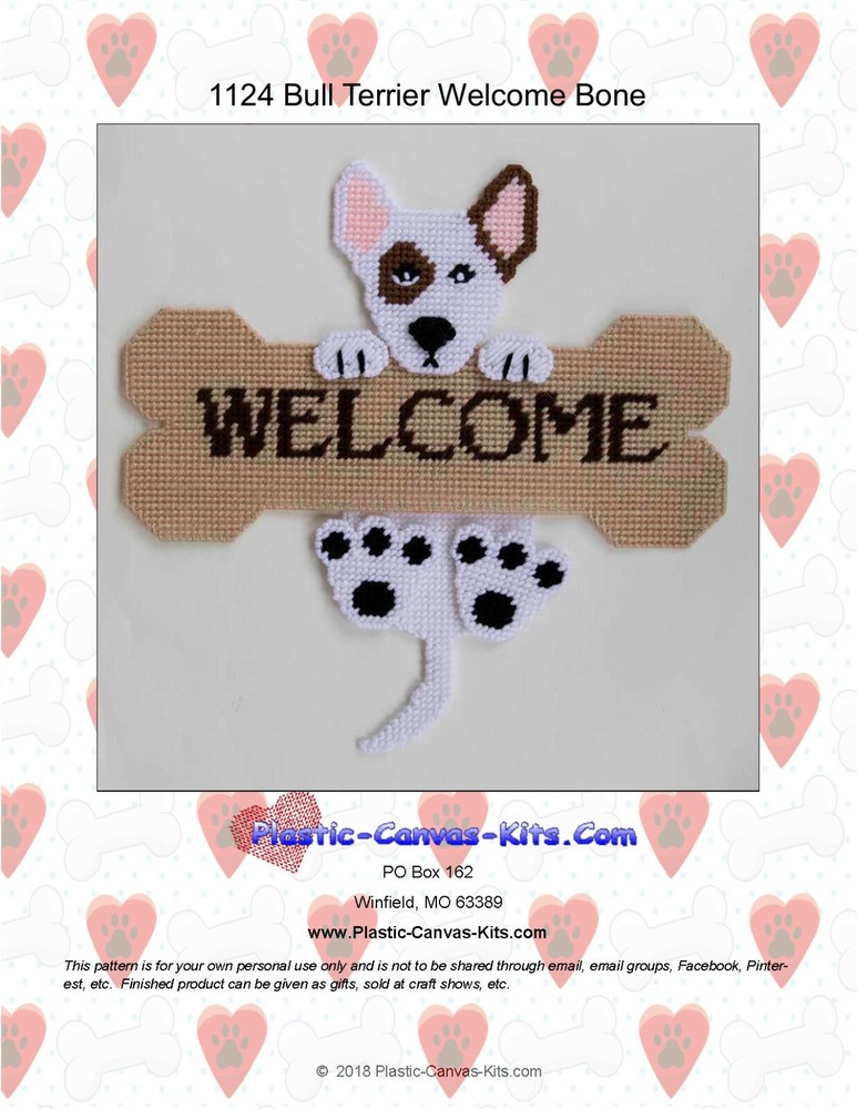 Bull Terrier and Bone Welcome Sign- Plastic Canvas Pattern or Kit