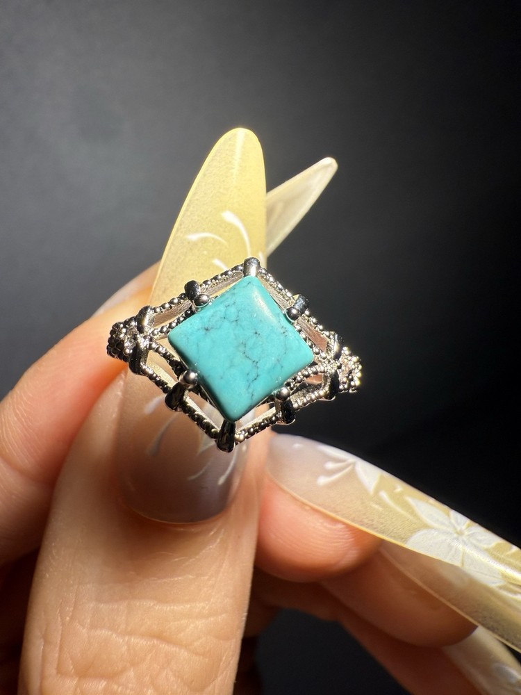 Natural Hubei Turquoise Square Ring / Silver- plated/adjustable