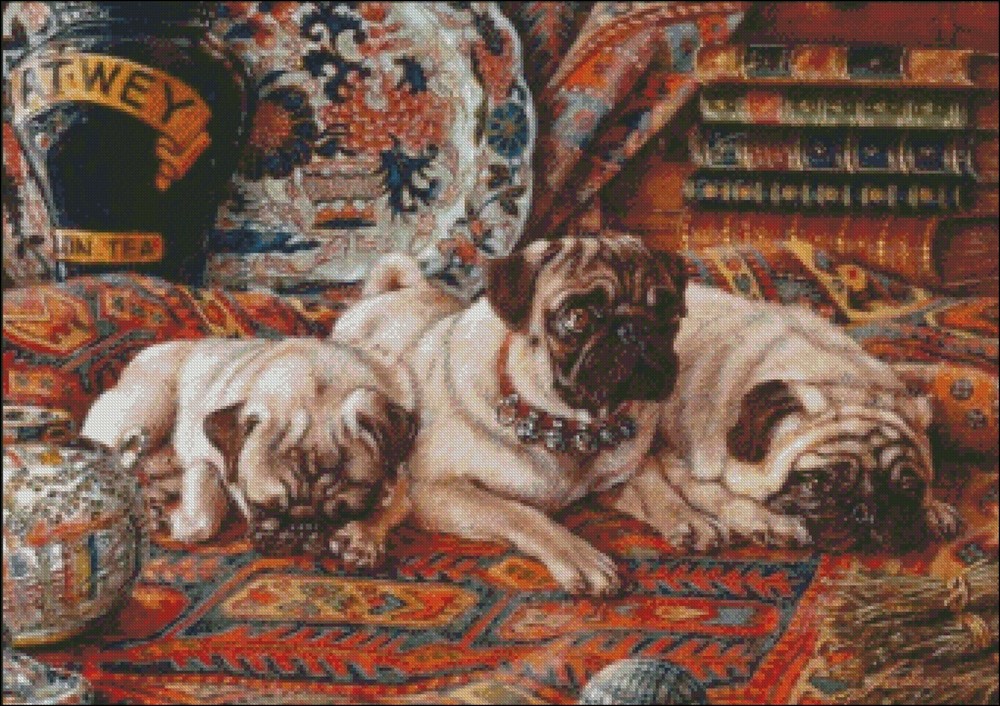 Three Pugs - Chart Counted Cross Stitch Patterns Needlework DIY DMC Color 14 CT