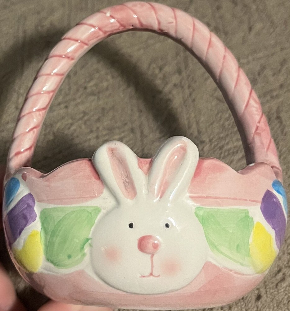 4.5” Hand Painted Pastel Ceramic Easter Basket Candy Dish Rabbit Egg Decoration