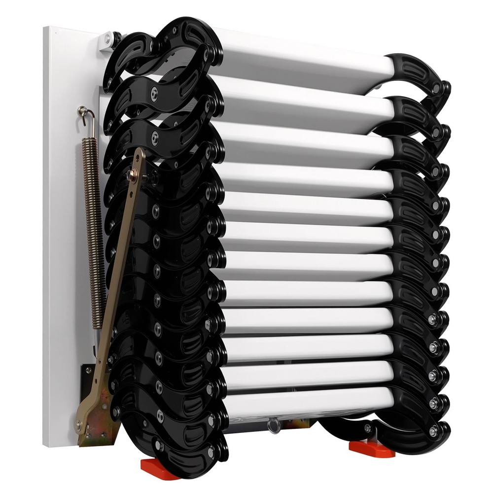 12 Steps Wall Mounted Folding Stairs w/Handrail,Pull Down Attic Ladder for Roofs