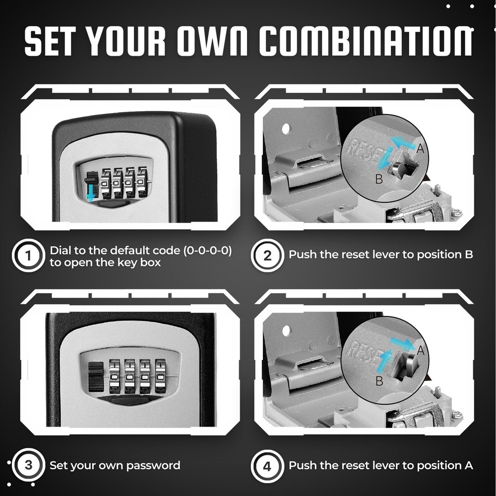 Key Lock Box - Wall Mounted Lockbox for Keys Outdoor - 4 Digit Code Combination