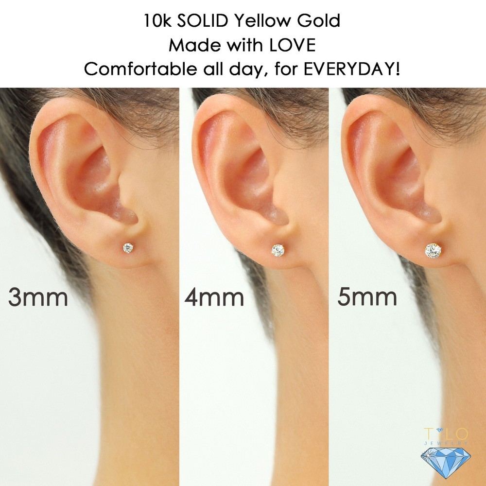 10K Solid Yellow Gold Solitaire Round CZ Sleeper Stud Earrings Screwback 2mm-8mm