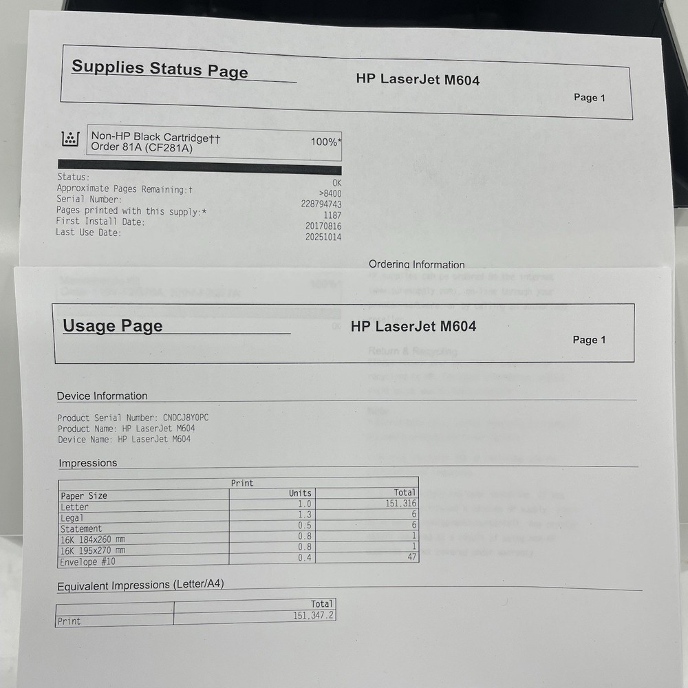 HP Laserjet Enterprise M604dn Monochrome Printer, (E6B68A) 152k Pages