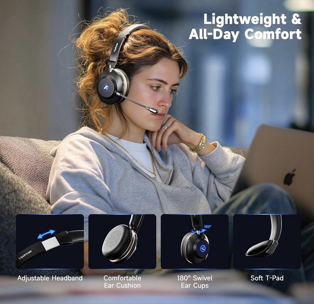 Vipdream Wireless Headset with Microphone for Work, Bluetooth 5.3 Computer Heads