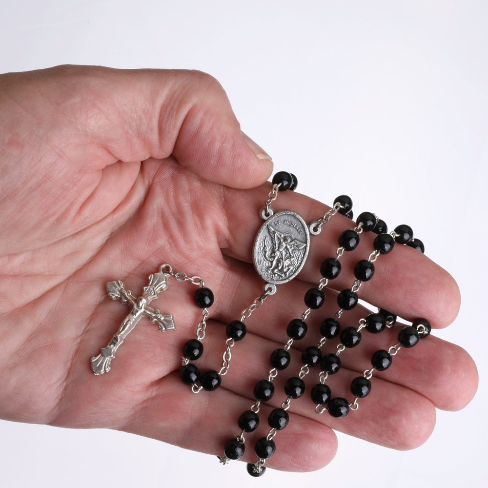 St Michael Black Round Catholic Rosary Beads Glass Women Men 6mm Italy 18" Long
