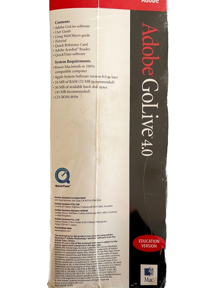 Adobe GoLive 4.0 Software Design Tools Kit Sealed NOS Educational Version ELEC