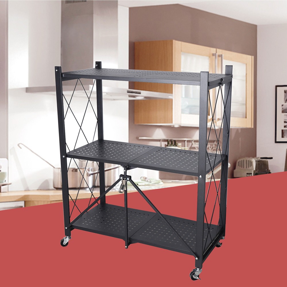 Foldable 3-Tiers Metal Storage Rack Shelves Kitchen Storage Organizer Home Stand
