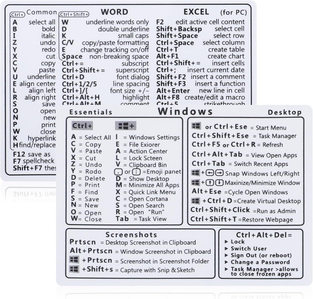 2 Pcs Laptop Shortcuts Stickers, Word/Excel Quick Reference Guide White
