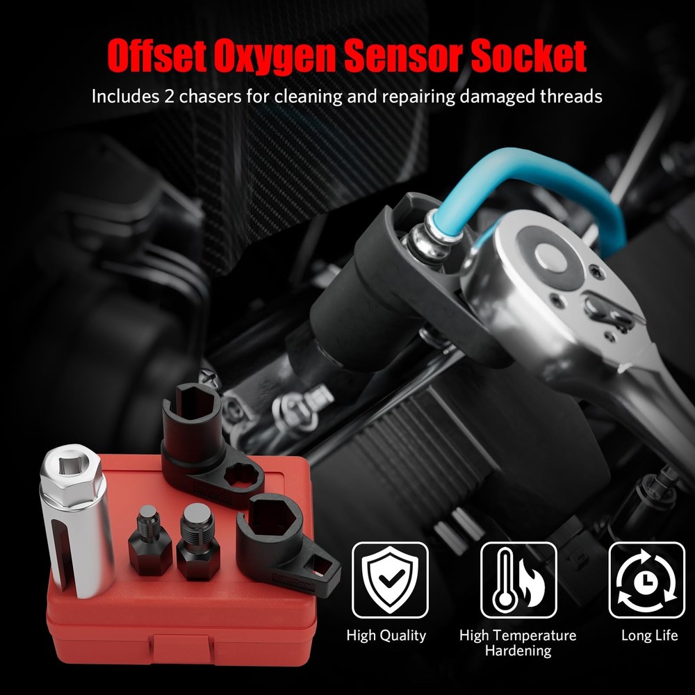 HTOMT 5PCS Oxygen Sensor Socket Removal Tool Wrench and Thread Chaser Set Red