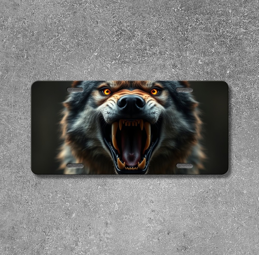 Aggressive Wolf License Plate Snarling Design Customizable Front Plate Anniversa