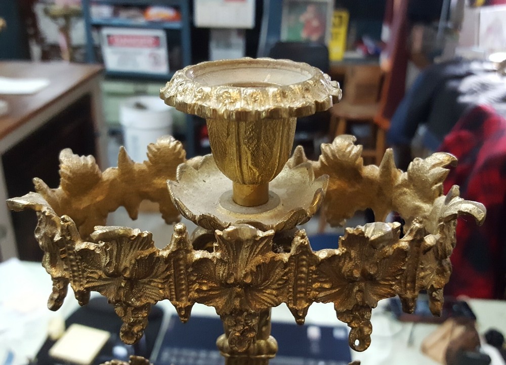 Antique Ornate Solid Brass Candelabra with Renaissance Design on Marble Base