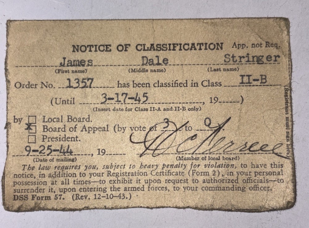 Notice Of Classification DSS Form 57 Class II-B 9/25/45 James Stringer