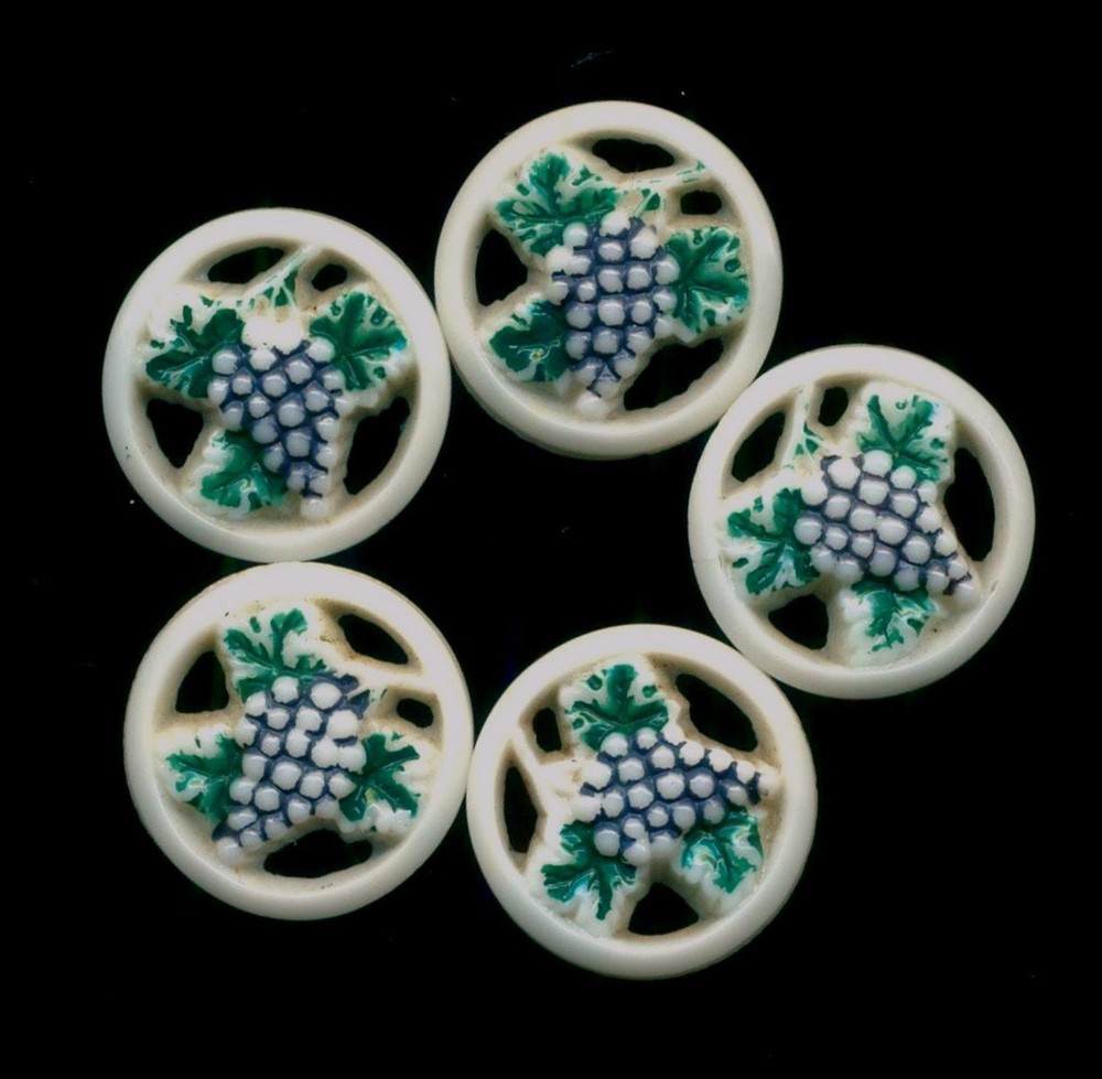 One Uranium Glass Pictorial Pierced Openwork Grapes Button Glows