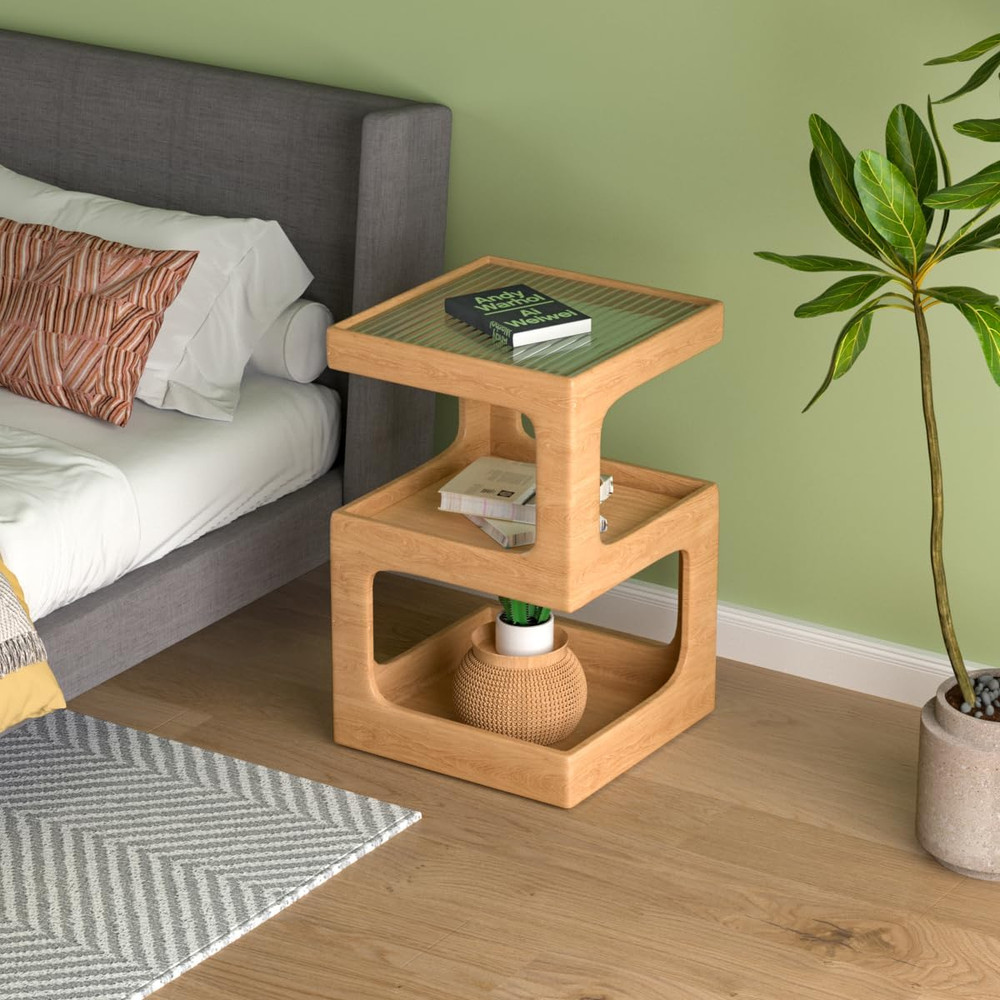 Modern Solid Wood Side Table - No Assembly Required, Log Color Accent Table