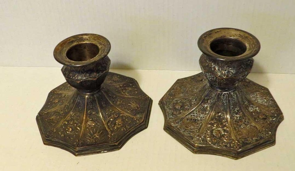Pair Barbour Silver Plate Candlesticks #3974 – Octagonal Repoussé